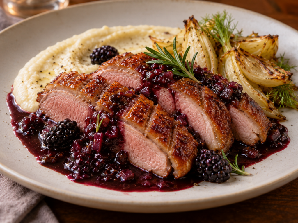 Pan-Seared Duck Breast with Rosemary-Infused Blackberry Reduction on Plate