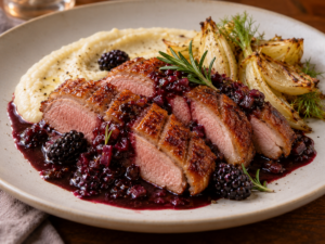 Pan-Seared Duck Breast with Rosemary-Infused Blackberry Reduction