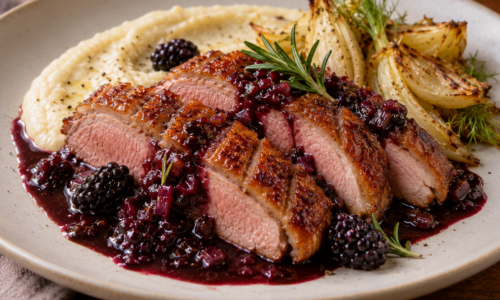 Pan-Seared Duck Breast with Rosemary-Infused Blackberry Reduction