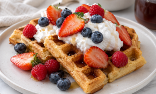 Cassava Flour Waffles with Whipped Coconut Cream and Fresh Berries