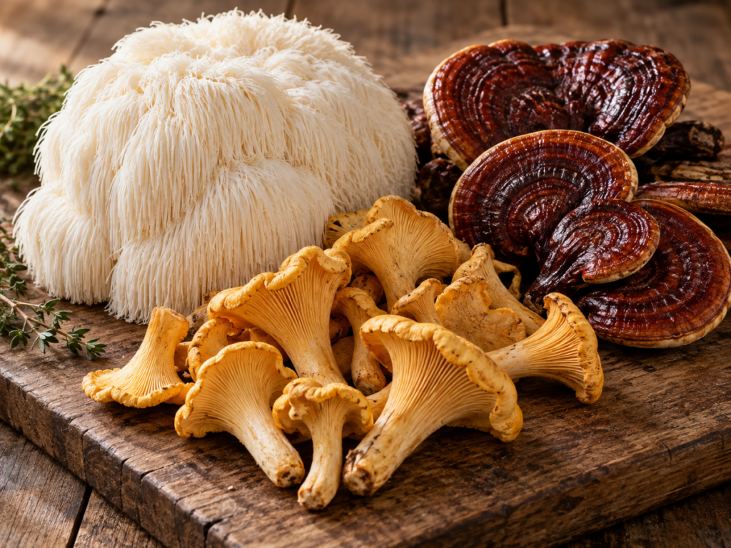 Display of Lion's Mane, Reishi, and Chanterelle Mushrooms