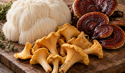 Display of Lion's Mane, Reishi, and Chanterelle Mushrooms
