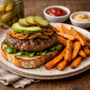 Grass-Fed Beef Burgers, Sourdough Bread, and Sweet Potato Fries (Low-Lectin)