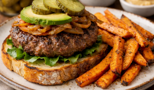 Grass Fed Burgers with Sweet Potato Fries