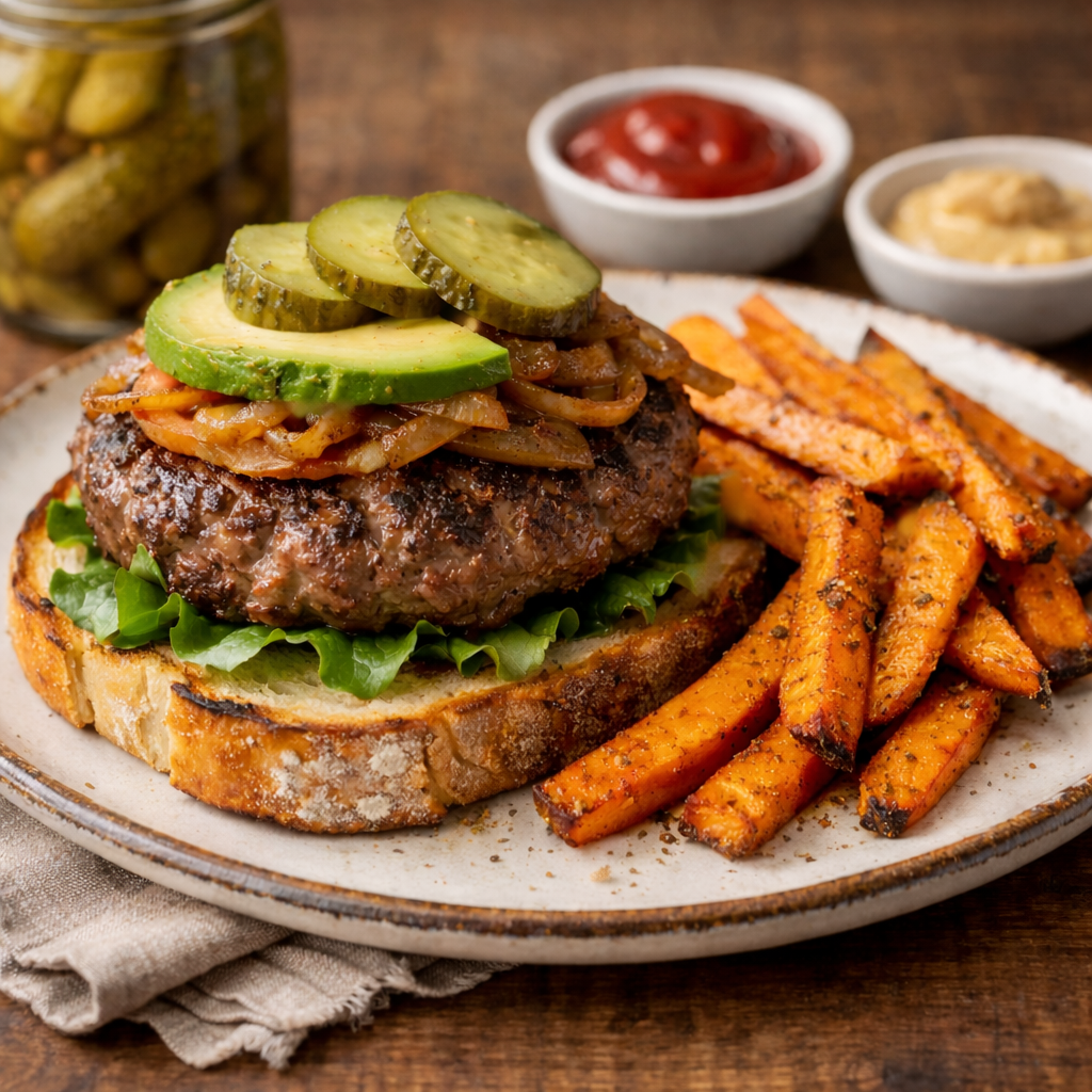 Grass Fed Burgers with Sweet Potato Fries