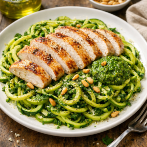 Pastured Chicken and Pesto Zoodles