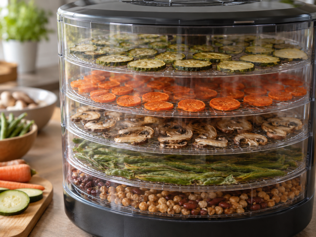 Layered Food Dehydrator with Colorful Produce