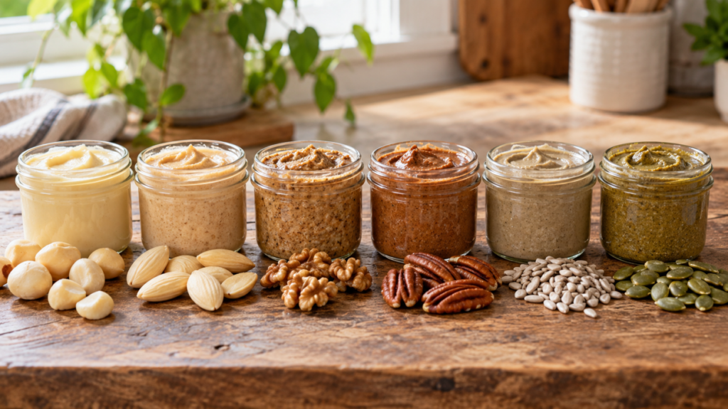Nut Butter Varieties in Rustic Kitchen