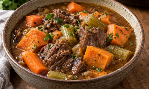 Pressure-Cooked Grass-Fed Beef Chuck with Carrots, Sweet Potatoes, and Celery