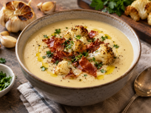 Creamy Roasted Garlic and Cauliflower Soup with Crisped Prosciutto