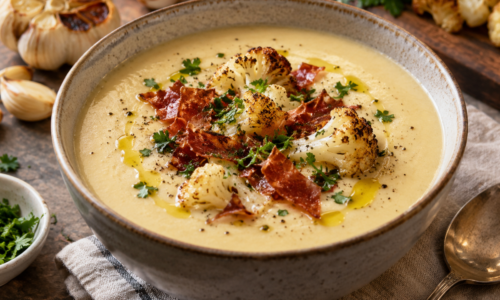 Creamy Roasted Garlic and Cauliflower Soup with Crisped Prosciutto