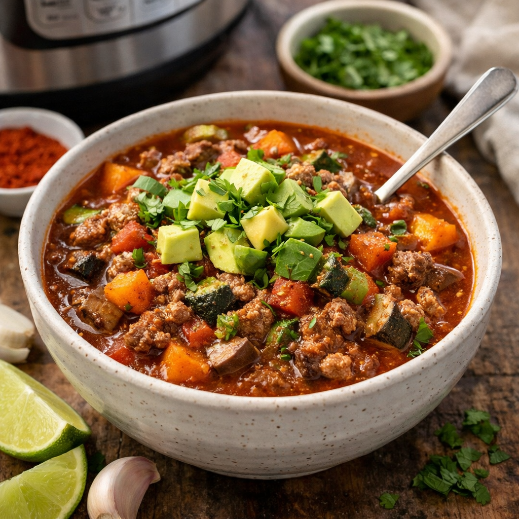 Rustic Chili with Avocado with cilantro