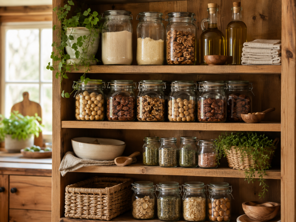 Rustic Pantry with Jars and Herbs