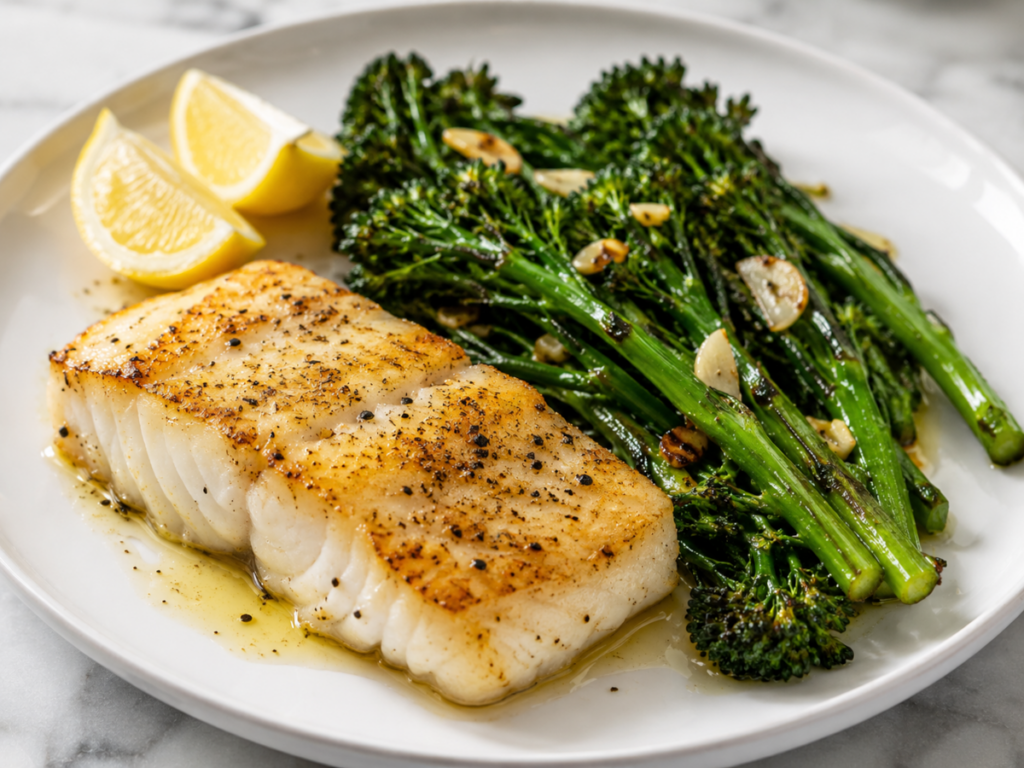 Seared Cod with Garlic Broccolini