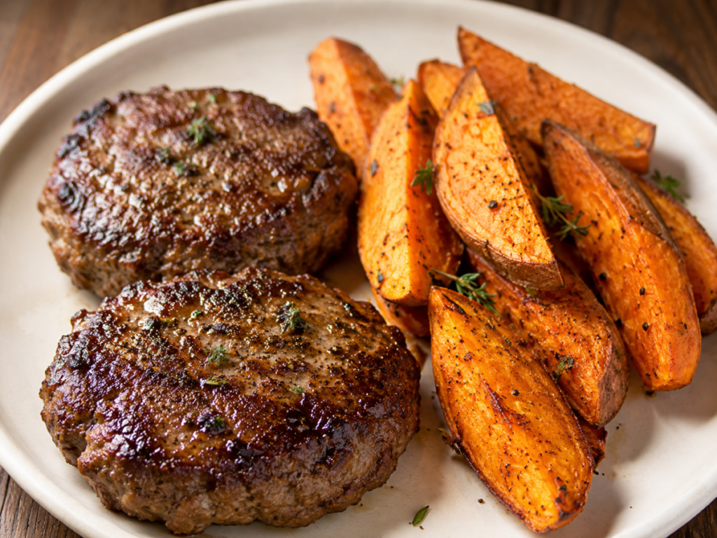 Seared Meat Patties with Roasted Sweet Potatoes