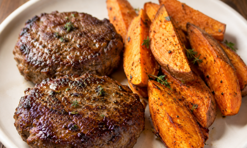 Grass-Fed Beef Patties with Roasted Sweet Potato Wedges