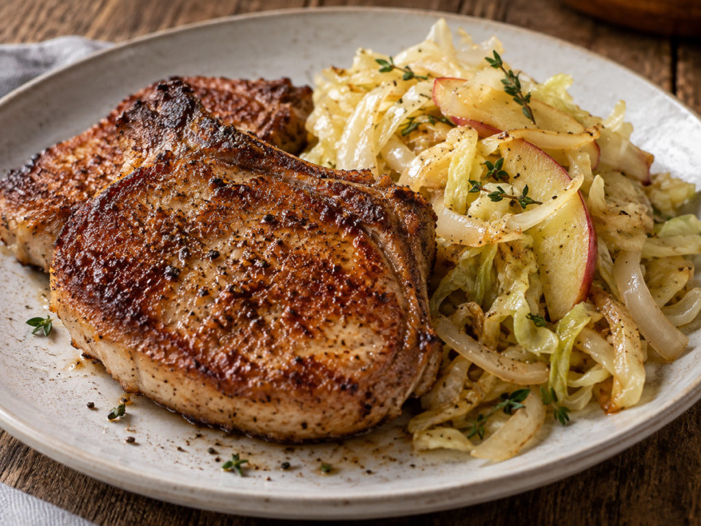 Seared Porkchops with Apple Cabbage