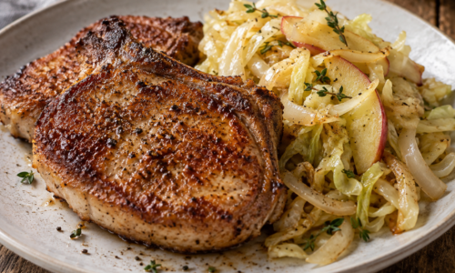 Crispy Cassava-Crusted Pork Chops with Warm Apple-Cabbage Slaw
