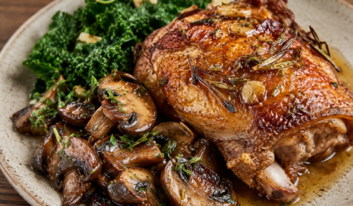 Turkey Thighs with Sauteed Mushrooms with Kale