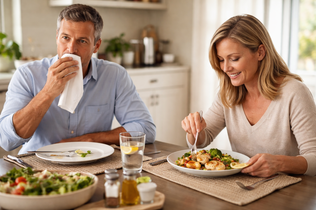 Two People Eating, One Done