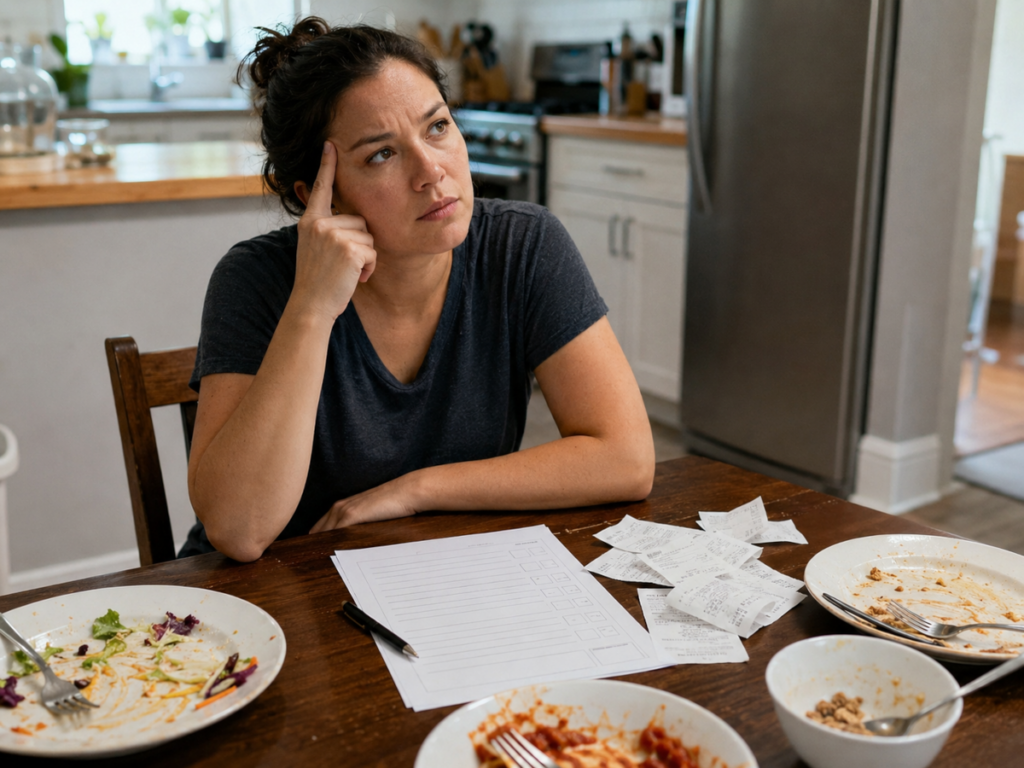 Woman Contemplating Recent Meals with Questionnaire